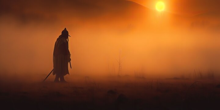 AI Generated. AI Generative. Native american indian western chief apache warrior in the fog mist cinematic shot. Graphic Art