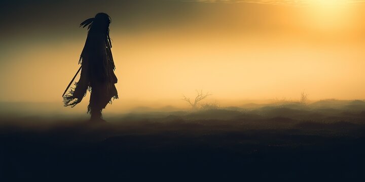 AI Generated. AI Generative. Native american indian western chief apache warrior in the fog mist cinematic shot. Graphic Art