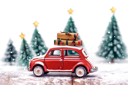 Miniature car with christmas tree on the roof, christmas snow background, AI generated