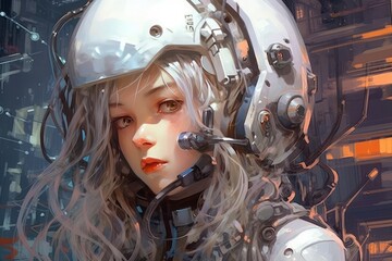 The girl in the futuristic spaceship helmet has long hair, in the style of realistic marine paintings. Generative AI.