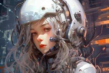 Fototapeta premium The girl in the futuristic spaceship helmet has long hair, in the style of realistic marine paintings. Generative AI.
