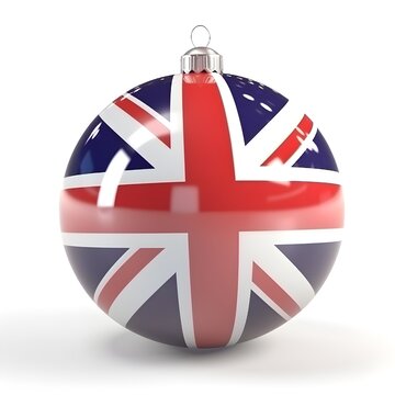 Christmas toy ball in colors of Great Britain flag, isolated on white background, AI generated