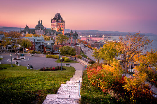 Quebec, City, Quebec, Canada: Fairmont Le Chateau Frontenac castle at sunset, scenic view from Pierre-Dugua-DE-Mons Terrace 