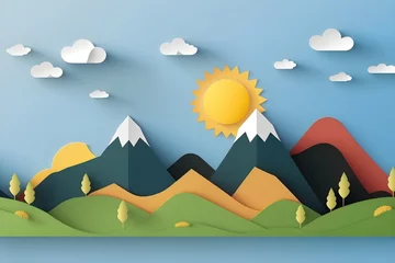 Tuinposter Simple paper cut style landscape illustration with mountains, blue sky and sun, AI generated © Elena