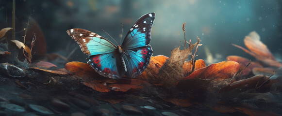 Fototapeta na wymiar Bright blue butterfly sitting on a fallen leaf, in the style of spatial concept art. Generative AI.
