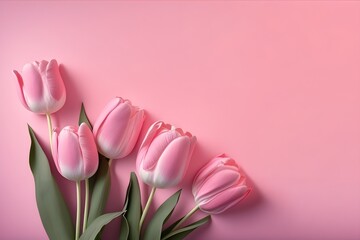 Pink tulips on empty background, with copy space, AI generated