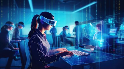 Cutting-edge technology and innovation in the workplace, showcasing VR and AI tools for a tech-savvy business environment. Generative AI.