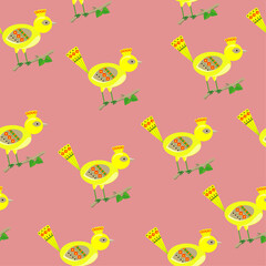 seamless pattern with yellow birds with ethnic motifs on a pink background. vector graphics