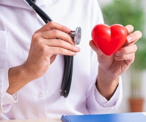 Male doctor cardiologist holding heart model