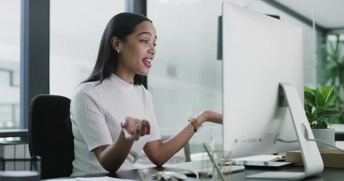Business woman, computer and video call for meeting, consulting or virtual interview at the office. Happy female employer in webinar laughing for communication, wave or networking on PC at workplace