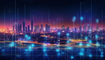 Obraz na płótnie Canvas Smart city with particle glowing light connection design, big data connection technology concept