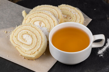 sweet dessert with cottage cheese cream and soft sponge cake