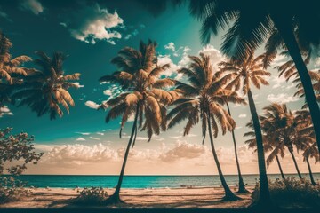 Obraz na płótnie Canvas lovely tropical beach with coconut palm palms in the distance. Vintage toned coconut palm palms with a cloudy blue sky. Background idea for a summer trip. Generative AI