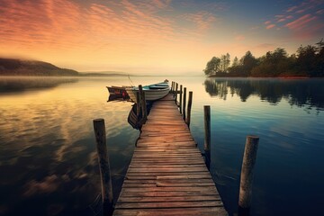 Fototapeta premium sunset_on_lake_with_dock_and_boat