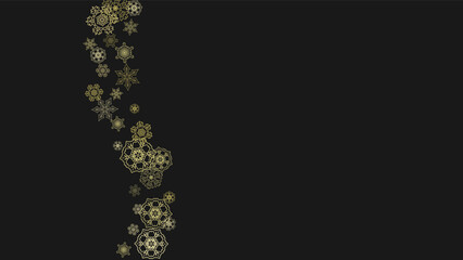 Gold snowflakes frame on black background. New year theme. Horizontal shiny Christmas frame for holiday banner, card, sale, special offer. Falling snow with gold snowflake and glitter for party invite