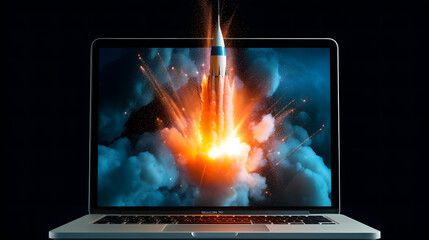 rocket coming out of the computer screen, digital marketing, infoproduct, generative ai