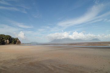 Bako national park, sea sandy beach, sunny day, blue sky and sea. Vacation, travel, tropics concept