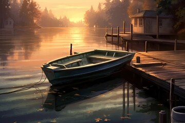 Fototapeta na wymiar boat_docks_on_the_water_after_the_sun_sets