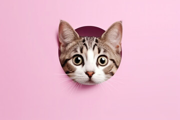Fototapeta na wymiar Surprised Cute Kitten Leaning Out of Rounded Hole on Pink Background. AI generative.