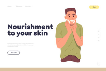 Nourishment to your skin landing page template with happy man character applying natural cosmetics