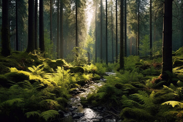 scandinavian forest with many trees, lots of green moss and sunshine made with Generative AI