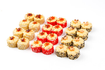 set of rolls with salmon shrimp avocado on white background for online food delivery website 1