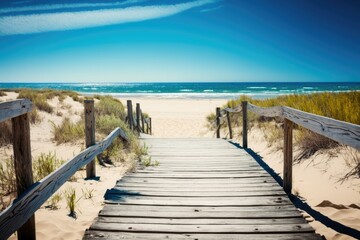On a beautiful day, a sandy beach with a wooden boardwalk. Generative AI