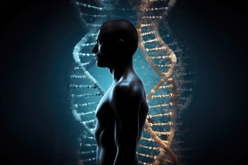 Human body silhouette and DNA helix. Biotechnologies and human genomic code concept. Created with Generative AI
