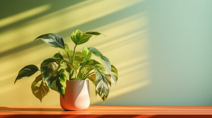 Table with plant in vase against colored wall background. Green plant in home interior with shadows on wall with copy space. Created with Generative AI
