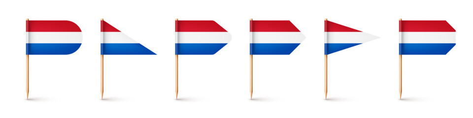 Realistic various Dutch toothpick flags. Souvenir from Netherlands. Wooden toothpicks with paper flag. Location mark, map pointer. Blank mockup for advertising and promotions. Vector illustration