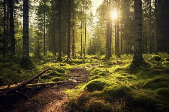 scandinavian forest with many trees, lots of green moss and sunshine made with Generative AI