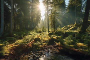 scandinavian forest with many trees, lots of green moss and sunshine made with Generative AI