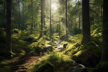Obraz premium scandinavian forest with many trees, lots of green moss and sunshine made with Generative AI