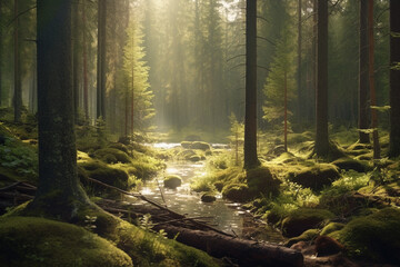 Obraz premium scandinavian forest with many trees and a river, lots of green moss and sunshine made with Generative AI