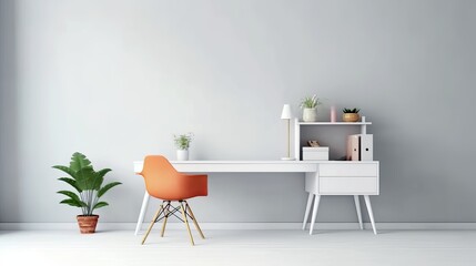 white office desk and orange chair in a white room