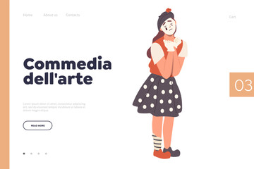 Commedia dell arte advertising landing page design template with female actress of Italian theatre