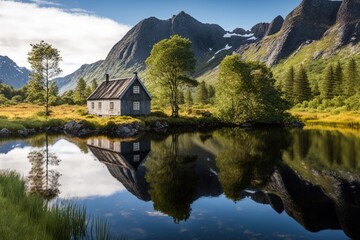 Fototapeta premium Picture of a home on the river produced digitally. Generative AI