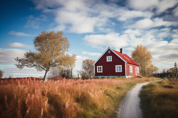 stunning scandinavian landscape with a red house and sunshine made with Generative AI