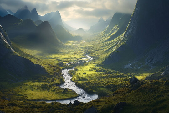 stunning scandinavian landscape with mountains, many pine trees and sunrise made with Generative AI