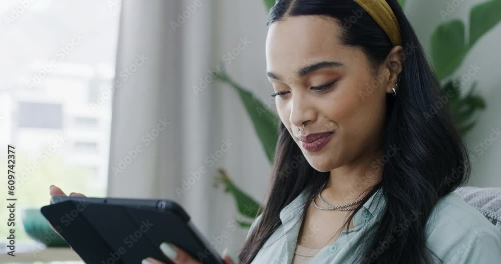 Poster happy woman, tablet and browsing online for social media or communication on living room sofa at hom