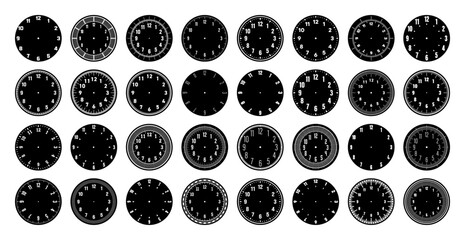 Mechanical clock faces, watch dial with numerals, bezel. Timer or stopwatch element with minute, hour marks and numbers. Blank measuring circle scale with divisions. Vector illustration
