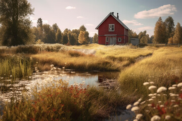 stunning scandinavian landscape with red house, a river and sunshine made with Generative AI - obrazy, fototapety, plakaty