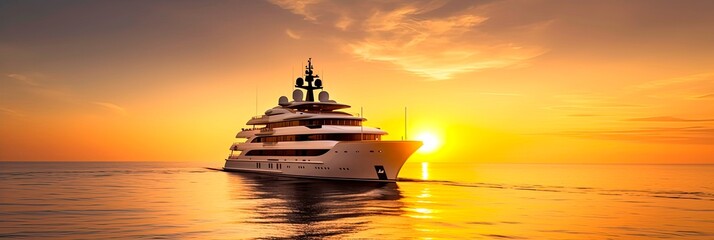 A luxury mega yacht with golden glass in the ocean at a sunset. Generative AI 