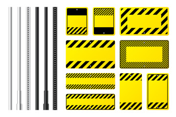 Warning, danger signs, attention banners with metal poles. Blank yellow caution sign, construction site signage. Notice signboard, warning banner, road shield. Vector illustration