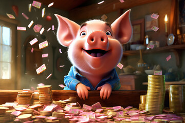 A cute pig and coins flying around Generative AI