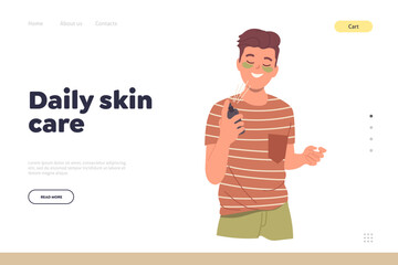 Daily skin care landing page template with young teenager man character using natural cosmetics