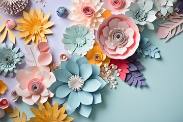 Paper flowers in pastel colors on blue background. Paper craft. Poster mockup. Generative AI.