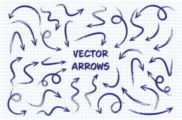 Grunge hand drawn arrows on checkered paper sheet. School notebook for drawing. Doodle arrow icon, simple monochrome pointer silhouettes. Outline, line art. Vector illustration