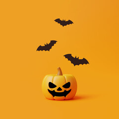 Fototapeta premium Jack-o-Lantern pumpkin with bats on orange background. Happy Halloween concept. Traditional october holiday. 3d rendering illustration