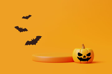 Jack-o-Lantern pumpkin with podium for product display and bats on orange background. Happy Halloween concept. Traditional october holiday. 3d rendering illustration